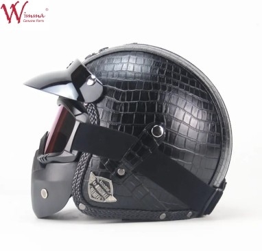 Casco da moto a faccia piena Imitazione di pelle di coccodrillo Retro con occhiali rimovibili