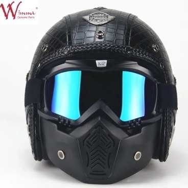 Casco da moto a faccia piena Imitazione di pelle di coccodrillo Retro con occhiali rimovibili